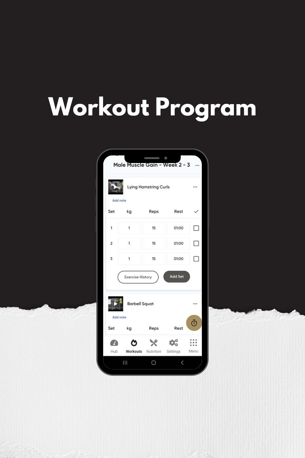 Mobile phone screen displaying a workout program app with exercises, sets, repetitions, and rest times.
