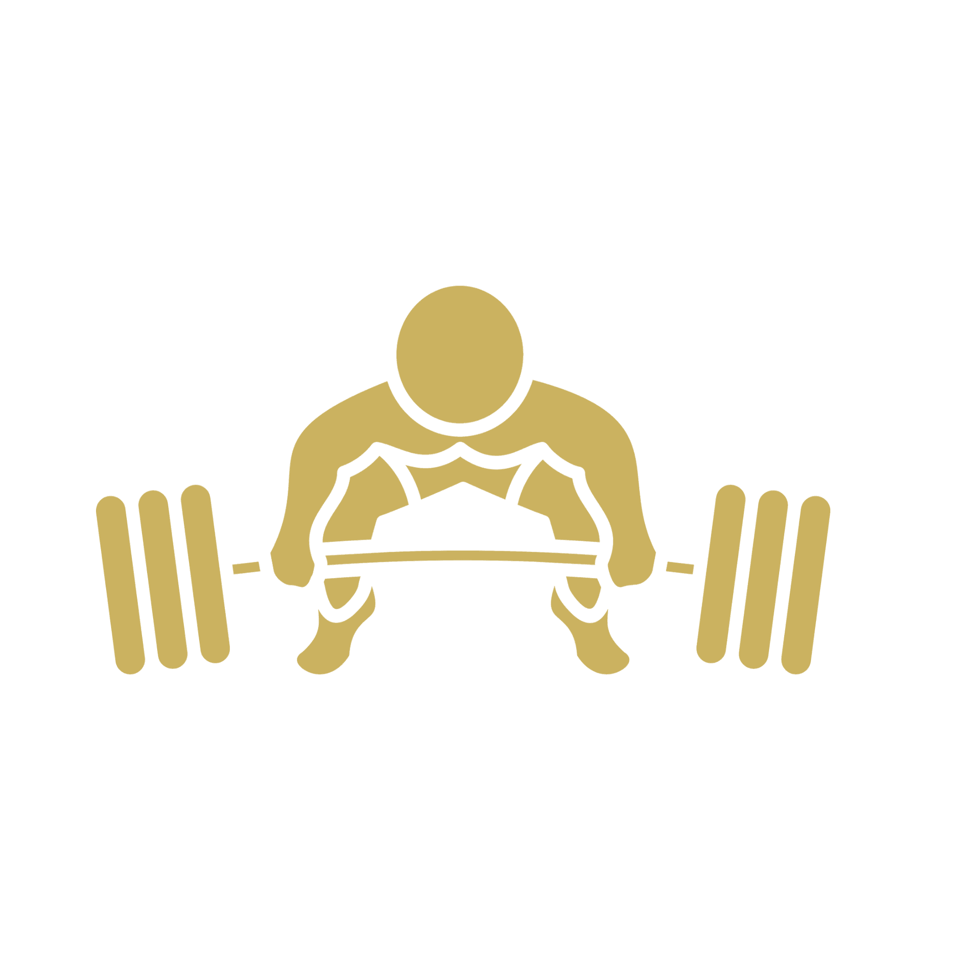 Yellow icon of a person lifting a barbell with weights on a blue background.