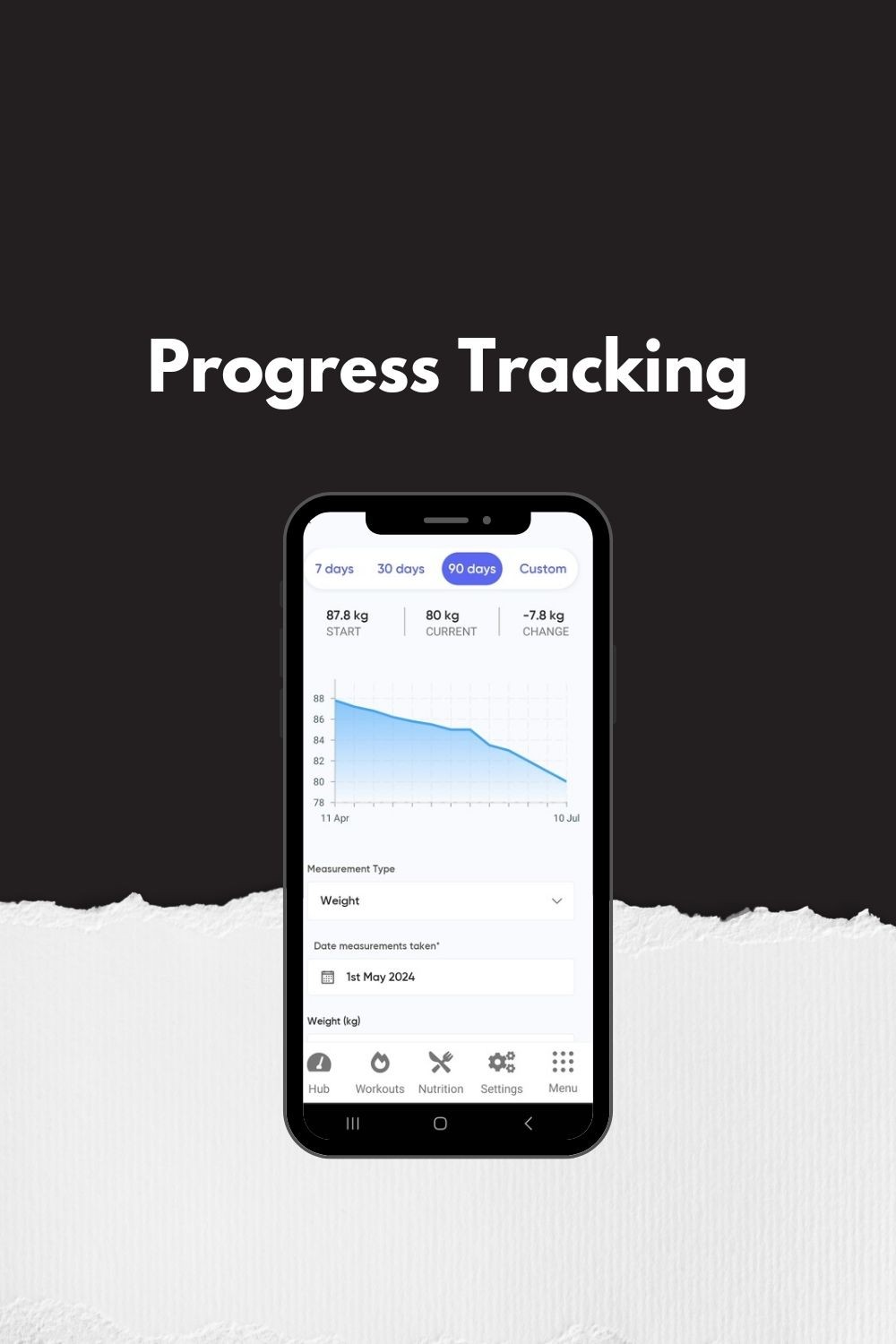 Mobile screen showing weight progress tracking graph with dates and weight change details.