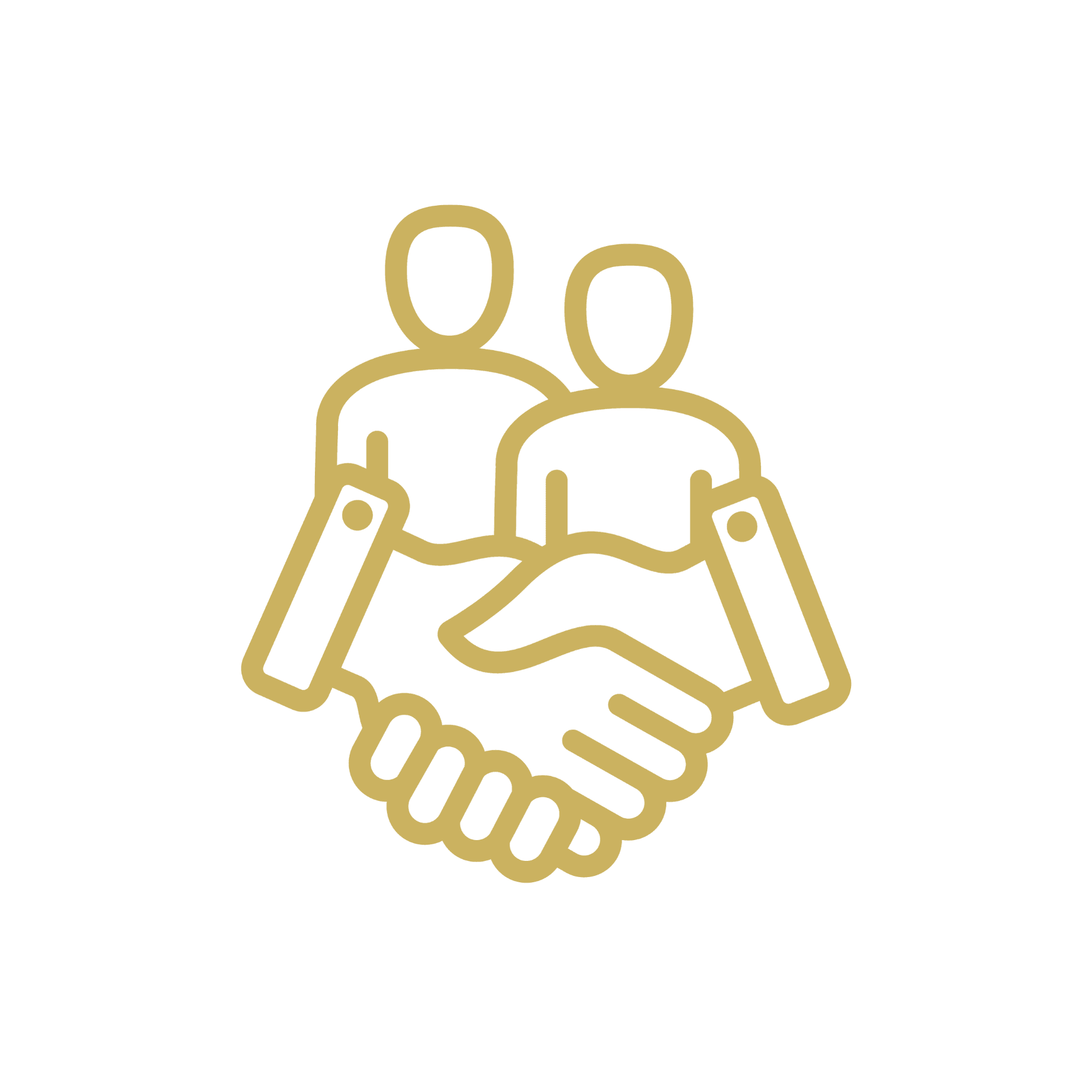 Gold outline icon of two people and a handshake symbolizing partnership or agreement on a black background.