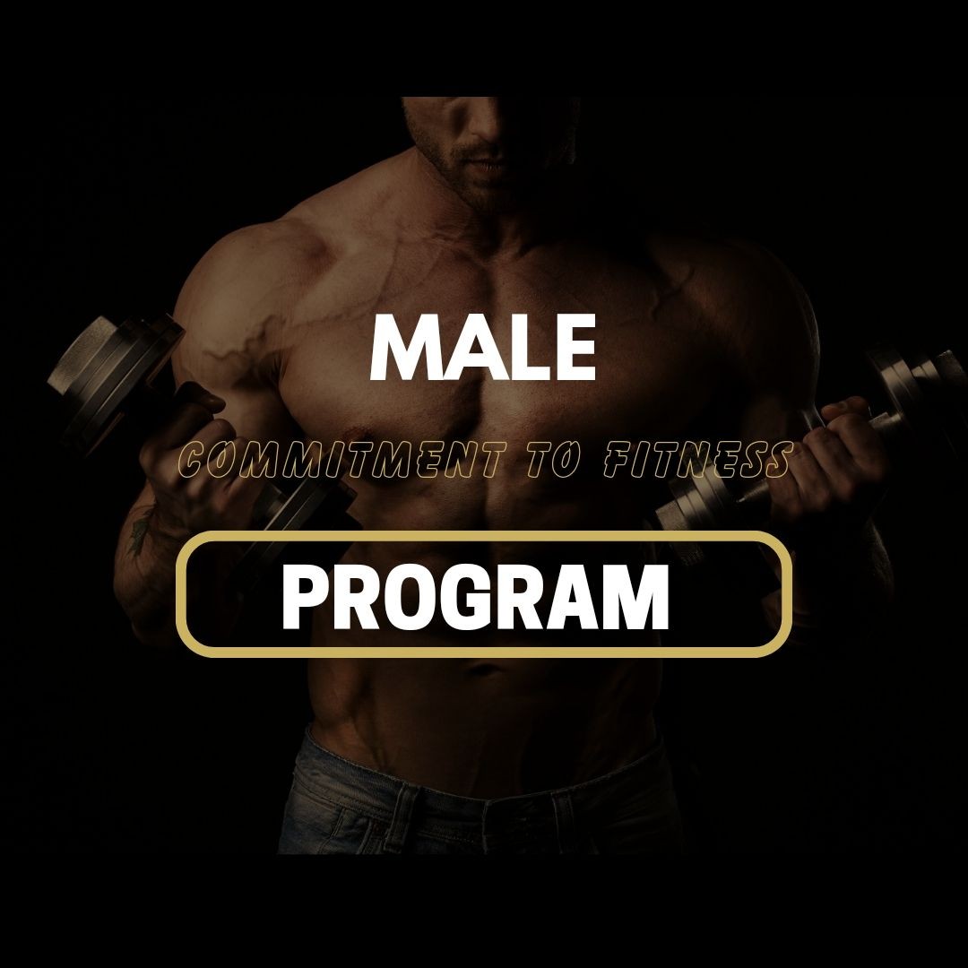 Muscular man lifting dumbbells with text overlay 'Male Commitment to Fitness Program.'