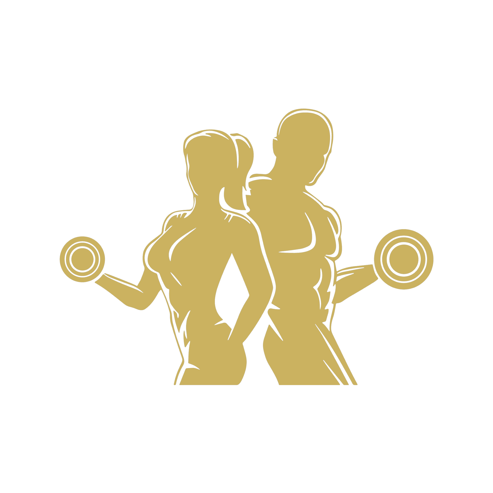 Silhouette of a muscular man and woman with dumbbells on a blue background.