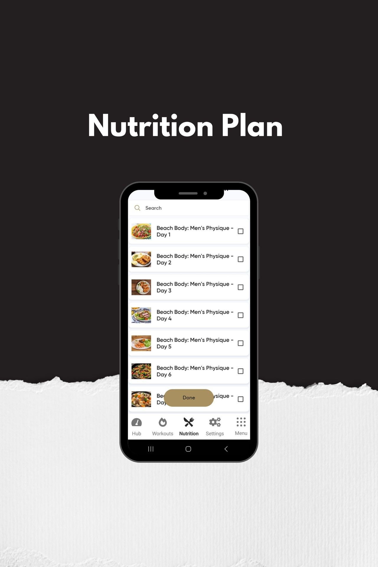 Smartphone screen displaying Beach Body nutrition plan with listed daily meals under 'Nutrition Plan' title.