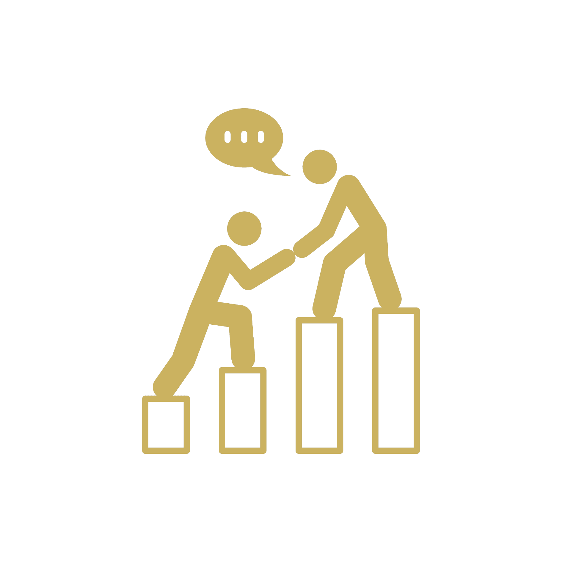 Illustration of one person helping another climb a bar graph, symbolizing support and growth.