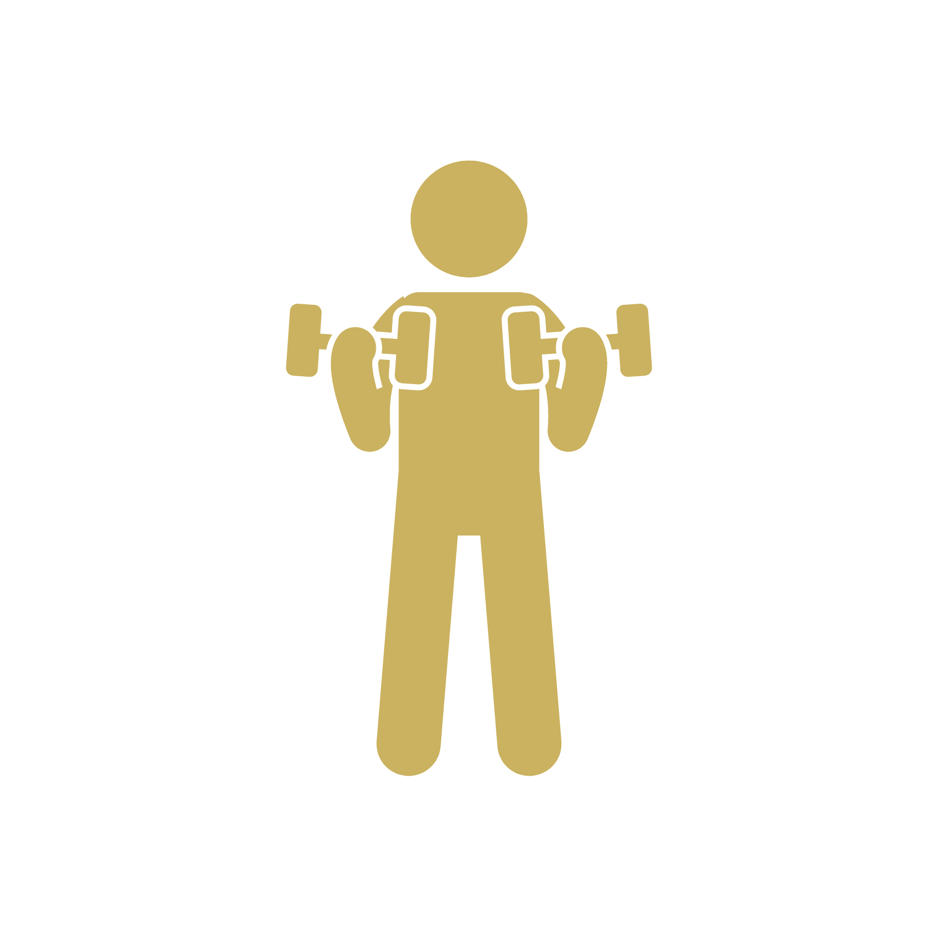 Gold stick figure lifting dumbbells in both hands against a black background.